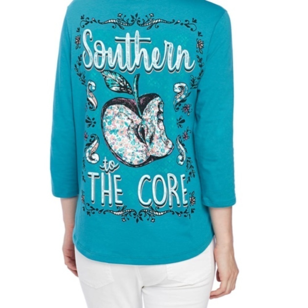Kim Rogers Fiesta Graphic Tee Large Turquoise V Neck 3/4 Sleeve Casual Top